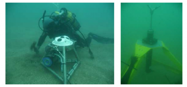 Correntómetro ADCP y ADV sumergidos a 10m y 20m respectivamente e instalados por los submarinistas de AZTI